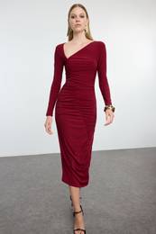 Burgundy Fitted Asymmetrical Collar Knitted Chic Evening Dress