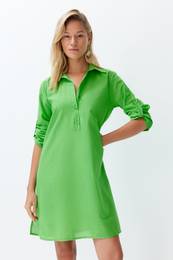 Green Belted Midi 100% Cotton Beach Dress with Woven Ribbon Accessory