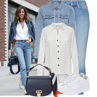 Party Outfits Große Größen mit Hellblau/Blau Mantel/Bluse Große Größe/Jeansjacke/Kurze Jeansjacke Only, Grau/Weiß/Creme/Khaki Bluse und Tunika/Casual Hemd/Musselin Hemd/Hemdbluse/Bluse Große Größe Only "Toller Look für die Freizeit"