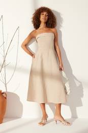 Stone 100% Linen Strapless Maxi Dress