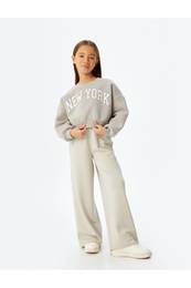Crop Sweatshirt Oversize Slogan Printed Crew Neck Raised Cotton Blend