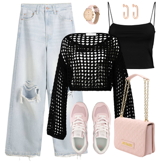 Outfit mit Hellblau/Blau Wide Leg Jean/Dad Jeans/Jeans-Culotte/Jeans mit Schlitz/Jeans mit Loch/Loose fit Jeans/Lederjacke für Männer/Patchwork Jeans/Lederjacken/Vintage Jeans/Hose mit Schlitz/Löcherne Hose bershka "Cooles Alltagsoutfit"