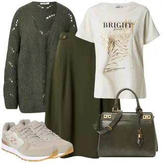 Outfit mit Dunkelgrün/Khaki 60er Jahre Rock/A Linien Rock/Wadenlanger Rock/Christlicher Rock/Knielanger Rock/Mittelalter Rock/Midirock/Moderne Rock/Standesamt Rock/Woll Rock About You "Toller Look für den Frühling"