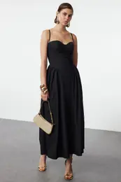 Black A-Line Poplin Woven Midi Chic Dress