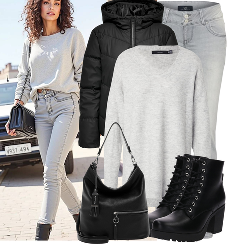 Schwarz Stiefel Biker Boot/Business-Schuh/Chelsea Boot/Lederschuh/Rahmengenähter Schuh About You kombinieren mit Longpullover VERO MODA