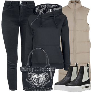 Jeans Outfits Baggy Sommer mit Schwarz/Rosa/Grau Shopper-Tasche/Schulranzen/Shopper Gothicana by EMP "Freizeit Outfit"