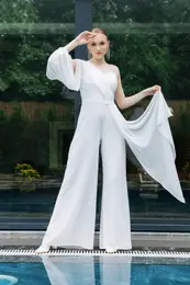 Women's White One Sleeve Belted Evening Jumpsuit