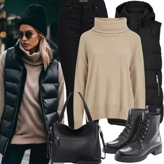 outfit mit Bež/Rjava Fini Pleteni Pulover/Pulover z netopirskim rokavom/Slap Izrez Pulover/Women's Pullovers with Stand-up Collar/Pulover z ovratnikom/Zavit pulover/Preprost Pulover/Osnovni Pulover/Pulover iz Kašmirja answear lab "Jesenski videz"