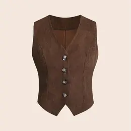 Chic Brown Corduroy Vest For Women - Casual V-neck With Button-up Front, Sleeveless Design, Spring & Fall, Machine Washable