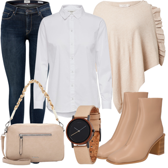 Off Shoulder Outfit mit Beige/Braun/Weiß Strick Poncho/Poncho/Wickelstrickjacke/Wickel Pullover/Pullover Mit Fledermausärmel/Nicki Pullover/Kaschmir Pullover/Cut Out Pullover/Pullover mit Franse/Carmenpullover/Einfacher Pullover Cream "Stylisches Outfit für den Frühling"