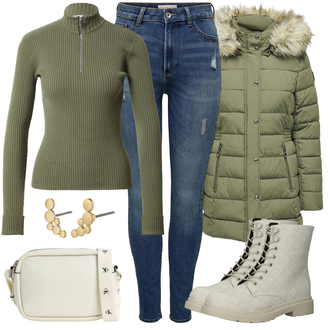 Outfit sa Siva/Tamnozelena/Kaki/Bijela/Bež/Krem Gležnjača na Vezanje/Borbena Čizma/Klasična čizmica/Podstavljena čizma/Kožna Jakna/Ravna Gležnjača Dockers by Gerli "Jesenski outfiti"