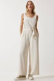 Happiness stanbul Women's Cream Belted Linen Jumpsuit