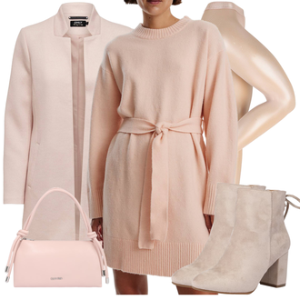 Podzim Outfit s Růžová/Oranžová Pletené Šaty/Šaty s Páskem/Zimní Pletené Šaty/Svetrové Šaty Edited "Outfity na zimu"