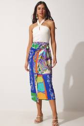 Happiness stanbul Women's Navy Blue Green Patterned Satin Surface Viscose Wrapped Skirt