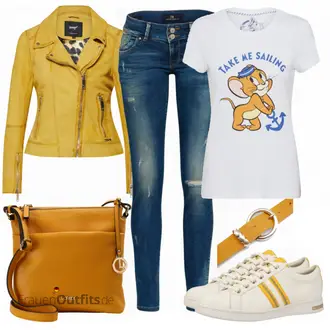 Outfit mit Gelb Mantel/Bikerjacke/Lederjacke/Motorradjacke/KunstLederjacke/Vintage Lederjacke/Jacke mit Seitlichem Reißverschluss Maze "ONLY Shirt ONLTOM"