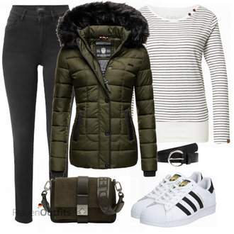 Outfit mit Hellgrau/Dunkelbraun/Dunkelgrau/Khaki/Grau/Braun Lederjacke/Biker Jeans/High Waist Jeans/Jeans mit Schlitz/Push up Jeans/Slim Fit Jeans/Leder Schuhe/Thermojeans/Winterjacke Only "Cooles Herbst Outfit"