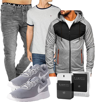 Outfit mit Grau/Dunkelgrau/Hellgrau Laufjacke/Langlaufjacke/Reflektierende Jacke/Jacke mit Seitlichem Reißverschluss/Sportjacke/Hybridjacke/Kapuzenjacke BOLF "Cooles Outfit"