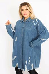 Women's Plus Size Blue Ripped Detailed Loose Cut Oversized Denim Tunic Jacket