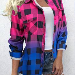Stylish Women's Gradient Long Sleeve Shirt With Collar - Casual Vacation-style, Button-up, Polyester , Machine Washable, With Chest Pocket
