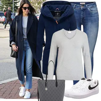 Herbst Outfit mit Dunkelblau Schmal Geschnittener Mantel/Scuba-Mantel/Wintermantel Wollmantel/Duffle Mantel/Wollfleece Mantel/Fleecemantel/Kapuzenmantel/Strickfleece Mantel MARIKOO "Freizeit Outfits"