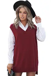 Meufam Pullover Damen Weste Casual Strickweste V-Ausschnitt Pullover Sweater Ärmellos Elegant Einfarbig Winter Herbst Strickpullover (Rot, S)