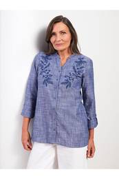 Women's Ruffled Scoop Neck Embroidered Long Sleeve Blouse