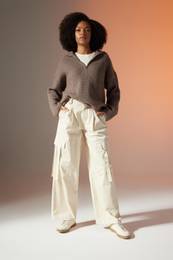 Wide Leg Cargo Pocket High Waist Standard Size Gabardine Trousers