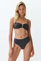 Black Strapless Accessory Glitter Premium Fabric Brazilian Bikini Set