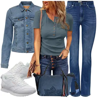 Sport Outfits 70er mit Blau/Hellblau Kurze Jeansjacke Only, Blau/Hellblau/Dunkelblau Vintage Jeans/High Waist Jeans/Leder Schuhe/Winterjacke/Straight Leg Jean/T-Shirt/Jeans mit Schlitz Only "Perfekt Für Den Frühling"Look: Western, Uni, 70er, Vintage, Workwear, 90er, Classic, Premium, Schlichte, Retro, Casual, Trendige