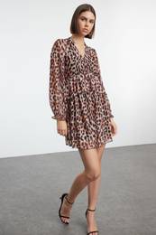 Brown Leopard Printed Ruffle Detailed A Line/Bell Cut Balloon Sleeve Mini Knitted Dress