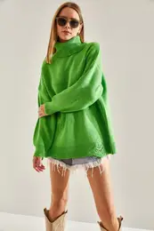Women's Turtleneck Ripped Patterned Oversize Knitwear Sweater