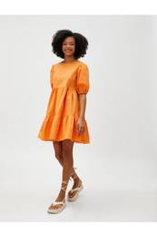 Mini Poplin obleka z balonskimi rokavi Ruffles Crew Neck bomba