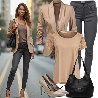 Outfit sa Bijela/Bež/Kaki/Smeđa Bluza Kratkih Rukava/Bodija Bluze/Dječja igračka/Čipkasta Bluza orsay "Lijepa proljetna odjeća"