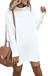 ECOWISH Damen Rollkragen Strickkleid Einfarbig Pullover Kleid Casual Lose Herbst Kleid Weiß M