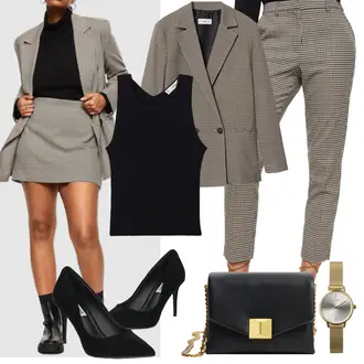 Outfit mit Beige/Khaki/Braun/Grau Short Große Größe/Hahnentritt Rock/Strickrock/Minirock Mango "Eleganter Look"