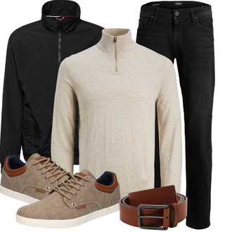 Mit Gürtel Outfit mit Schwarz/Grau/Dunkelgrau Damen 7/8-Länge Jeans/Sportschuhe/Low Rise Jean/Regular-Fit Jeans/Lederjacke/Slim Fit Jeans/Straight Leg Jean/Leder Schuhe/Tapered-Jeans/Thermojeans/Winterjacke Jack & Jones "Toller Look für die Freizeit"