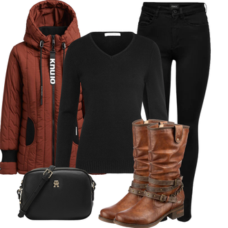 Na Procházku Outfit s Černá/Tmavě modrá Legíny s Podšívkou/Teplé Legíny/Kožená bunda/Neprůhledný Legíny/Sportovní Legína/Formovaná Legína/Bavlněné Legíny/Legíny s Rozparkem/Pletený Legín Only "Outfit na podzim"Look: Na Procházku, Aerobní, Severská chůze