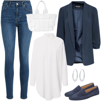 Outfit mit Blau/Dunkelblau/Hellblau Lederjacke/Damen 7/8-Länge Jeans/High Waist Jeans/Jeans mit Schlitz/Push up Jeans/Schlupfjeans/Leder Schuhe/Winterjacke Vila "Alltagsoutfit mit Stil"