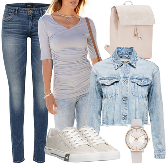 Outfity pro léto Trendový s Modrá/Světle modrá/Tmavě modrá Push up Džín/Zimní bunda/Džín s Nízkým Pasem/Kotníková Bota/Slim Fit Džíny/Kožené Boty/Džíny s Nízkým Sedem/Navlékací džíny Only "Outfit na léto"Look: Trendový, Bezešvé, Ležérní