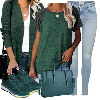 Outfit mit Grün/DunkelGrün/Türkis ausgefallene tunika/Sportliche Bluse/Lederjacke/Einfarbige Bluse/KurzarmBluse/Tuniken-Shirt/Bluse/Kurzarm-Tunika Jolicloth "Stilvoller Look Für Den Frühling"