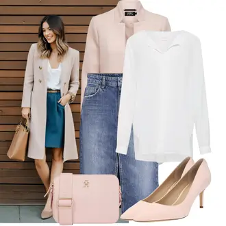 Rock Outfits mit Grau/Creme/Weiß/Khaki/Braun/Beige Bluse und Tunika/Bluse Große Größe/Blusenbody/Bluse Mit Knopf/Bluse mit Stehkragen/Longbluse/Langarmbluse/Oversize Bluse/Oversize Musselin Bluse/Schlupfbluse/Tuniken-Shirt Vila "Stylische Kombination für den Frühling"
