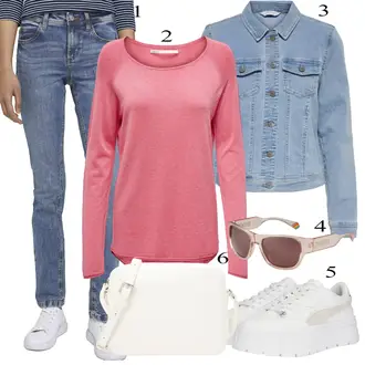 Verslas, Laisvas apranga su Mėlyna/Violetinė/Šviesiai mėlyna Kelnės su skylute/Kelnė su Skeltuku/Tiesi Kelnė/Jeggings/Leggings Džinsai Antblauzdžiai/Aptempta kelnė Tom Tailor "Jarné Outfit"Look: 90-ieji, Laisvas, Modernus, Skaidrus