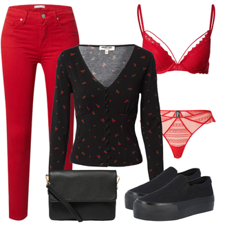 Outfit mit Schwarz Plateau-Sneaker/Skateschuh/Turnschuh ohne Schnürsenkel About You "Perfekt für die Freizeit"