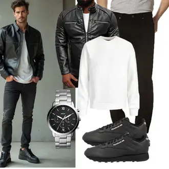 Outfit mit Schwarz Jacke mit Seitlichem Reißverschluss/Vintage Lederjacke/Motorradjacke/Leder Bomberjacke/Bikerjacke/Kunstlederjacke OZONEE "Freizeit Outfit"
