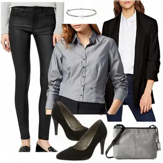 Outfit mit Grau/Dunkelgrau Bluse mit Stehkragen/Bluse Mit Ellen­bogen-patch/LangarmBluse/Bluse Mit Knopf/Business Bluse/Bügelfreie Bluse Seidensticker "Tamaris"
