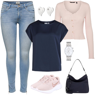 Outfit mit Dunkelblau Bluse Große Größe/Shirt & Top Große Größe/Tunika/Bluse Oberteil/Lederjacke/Kurzarmbluse/Seidenbluse/Sportliche Bluse Vila "Sportlicher Alltagslook"