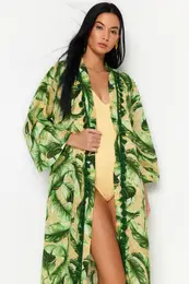 Tropical Patterned Belted Midi Woven Kimono & Kaftan 100% Cotton with Tassels
