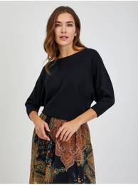 Black Women's Ribbed Sweater with Bat Sleeves - Ladies