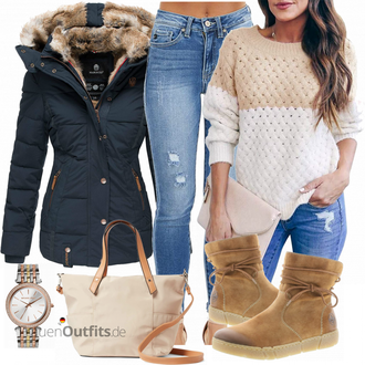 Tanzen Outfit mit Braun/Beige Lammfell Winterstiefel/Winter Sneaker/Winterschuh/Lederjacke/Wattierte Stiefel/Winter Stiefelette/Gefütterte Stiefelette/Flache Stiefelette Rieker "Herbstliches Freizeit Outfit"Look: Freizeit, Laufen, Skating, Tanzen, Apres ski