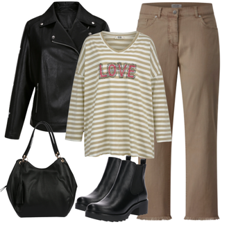 Oversize Kurz Outfit mit Schwarz Chelsea Boot/Lederjacke/Flache Stiefelette/Gummistiefelette About You "Herbstliches Freizeit Outfit"Look: Uni, Schick, Edel, Coole, Oversize, Techno, Unisex, Wetlook